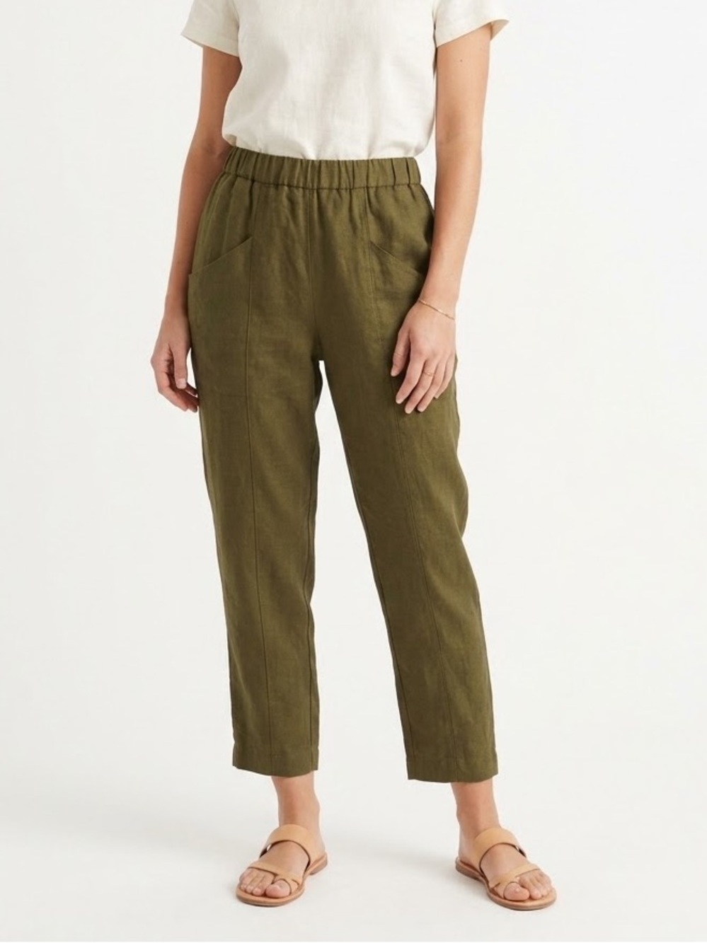Quince 100% European Linen Tapered Ankle Pants Martini Olive Size M
